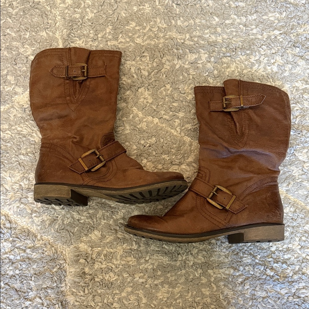 BareTraps Brown Buckle Moto Boots